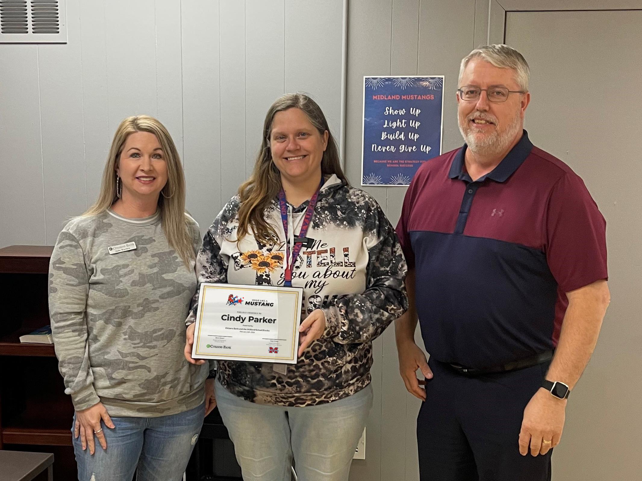 Citizens Bank, Midland Schools honor Cindy Parker for 'Shining Like a Mustang'